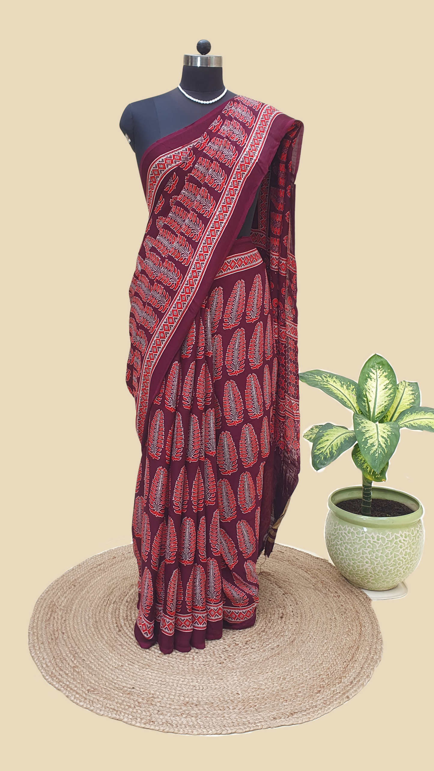 Raktambari Ajrakh Modal Silk Saree | Zari Pallu – MSAJ-0012