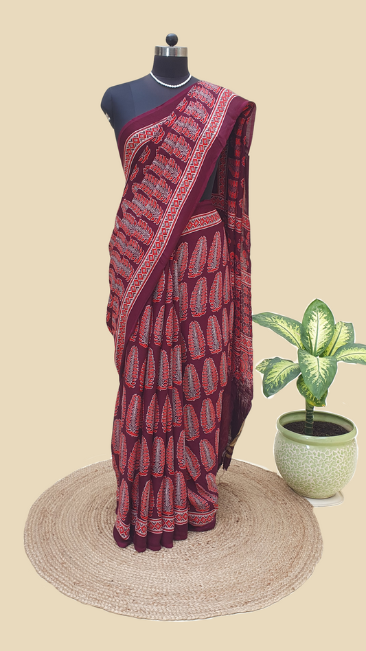 Raktambari Ajrakh Modal Silk Saree | Zari Pallu – MSAJ-0012