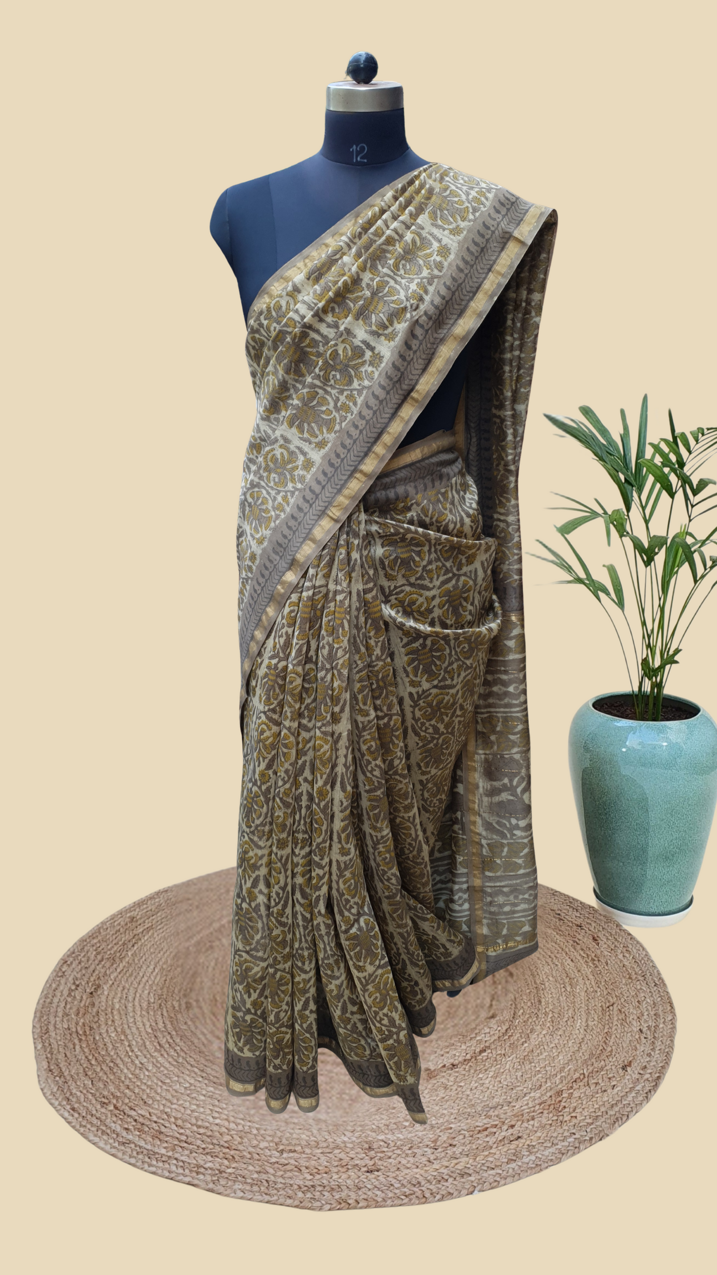 Chanderi Cotton Silk Ajrakh Hand Block Print Saree